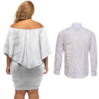 Lotu Tamaiti Couples Matching Off Shoulder Short Dress and Long Sleeve Button Shirt Traditional Samoan Art Tattoos - Polynesian Pride