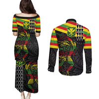 Kanaka Maoli Running Couples Matching Puletasi and Long Sleeve Button Shirt Kakau Pattern with Kanaka Maoli Flag Color