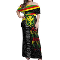 Kanaka Maoli Running Off Shoulder Maxi Dress Kakau Pattern with Kanaka Maoli Flag Color