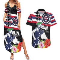 Honolulu Running Race Couples Matching Summer Maxi Dress and Hawaiian Shirt Hawaii Marathon Kakau Art with Hibiscus and National Flag Style