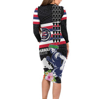 Honolulu Running Race Family Matching Long Sleeve Bodycon Dress and Hawaiian Shirt Hawaii Marathon Kakau Art with Hibiscus and National Flag Style