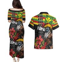 Kanaka Maoli Ikaika Warrior Couples Matching Puletasi and Hawaiian Shirt Hibiscus Kakau Art and Tapa Tribal Pattern