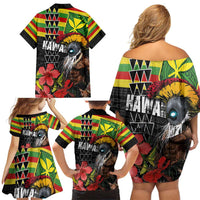 Kanaka Maoli Ikaika Warrior Family Matching Off Shoulder Short Dress and Hawaiian Shirt Hibiscus Kakau Art and Tapa Tribal Pattern