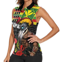 Kanaka Maoli Ikaika Warrior Women Sleeveless Polo Shirt Hibiscus Kakau Art and Tapa Tribal Pattern