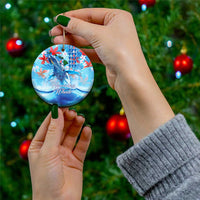 Hawaiian Waves Whale Ceramic Ornament Kakau Art and Tropical Red Hibiscus Flowers