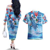 Hawaiian Waves Whale Couples Matching Off The Shoulder Long Sleeve Dress and Hawaiian Shirt Kakau Art and Tropical Red Hibiscus Flowers