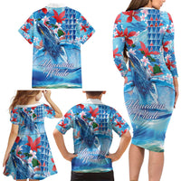 Hawaiian Waves Whale Family Matching Long Sleeve Bodycon Dress and Hawaiian Shirt Kakau Art and Tropical Red Hibiscus Flowers LT03 - Polynesian Pride