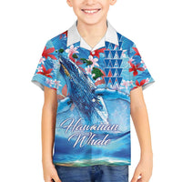 Hawaiian Waves Whale Family Matching Long Sleeve Bodycon Dress and Hawaiian Shirt Kakau Art and Tropical Red Hibiscus Flowers LT03 Son's Shirt Blue - Polynesian Pride