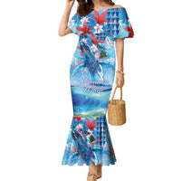 Hawaiian Waves Whale Family Matching Mermaid Dress and Hawaiian Shirt Kakau Art and Tropical Red Hibiscus Flowers