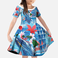 Hawaiian Waves Whale Family Matching Short Sleeve Bodycon Dress and Hawaiian Shirt Kakau Art and Tropical Red Hibiscus Flowers LT03 Daughter's Dress Blue - Polynesian Pride
