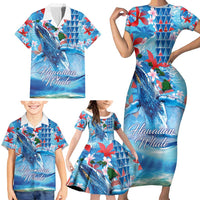 Hawaiian Waves Whale Family Matching Short Sleeve Bodycon Dress and Hawaiian Shirt Kakau Art and Tropical Red Hibiscus Flowers LT03 - Polynesian Pride