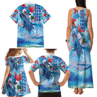 Hawaiian Waves Whale Family Matching Tank Maxi Dress and Hawaiian Shirt Kakau Art and Tropical Red Hibiscus Flowers