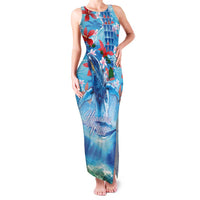 Hawaiian Waves Whale Family Matching Tank Maxi Dress and Hawaiian Shirt Kakau Art and Tropical Red Hibiscus Flowers