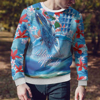 Hawaiian Waves Whale Ugly Christmas Sweater Kakau Art and Tropical Red Hibiscus Flowers