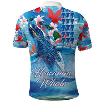 Hawaiian Waves Whale Polo Shirt Kakau Art and Tropical Red Hibiscus Flowers