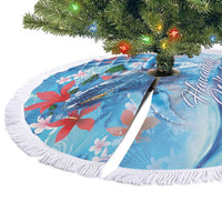 Hawaiian Waves Whale Tree Skirt Kakau Art and Tropical Red Hibiscus Flowers
