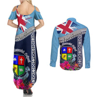 Fiji Lelean Memorial School Couples Matching Summer Maxi Dress and Long Sleeve Button Shirt Tapa and Polynesian Tribal Pattern LT03 - Polynesian Pride