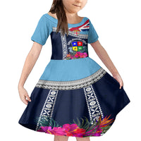 Fiji Lelean Memorial School Family Matching Mermaid Dress and Hawaiian Shirt Tapa and Polynesian Tribal Pattern LT03 Daughter's Dress Blue - Polynesian Pride