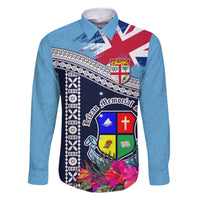 Fiji Lelean Memorial School Family Matching Off Shoulder Short Dress and Hawaiian Shirt Tapa and Polynesian Tribal Pattern LT03 Dad's Shirt - Long Sleeve Blue - Polynesian Pride