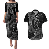 New Zealand Valentine's Day Couples Matching Puletasi and Hawaiian Shirt Silver Fern and Line Art Love Couple