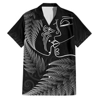 New Zealand Valentine's Day Family Matching Mermaid Dress and Hawaiian Shirt Silver Fern and Line Art Love Couple LT03 Dad's Shirt - Short Sleeve Black - Polynesian Pride