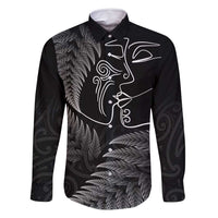 New Zealand Valentine's Day Family Matching Mermaid Dress and Hawaiian Shirt Silver Fern and Line Art Love Couple LT03 Dad's Shirt - Long Sleeve Black - Polynesian Pride