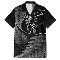 New Zealand Valentine's Day Family Matching Short Sleeve Bodycon Dress and Hawaiian Shirt Silver Fern and Line Art Love Couple LT03 Dad's Shirt - Short Sleeve Black - Polynesian Pride