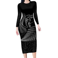 New Zealand Valentine's Day Long Sleeve Bodycon Dress Silver Fern and Line Art Love Couple LT03 Long Dress Black - Polynesian Pride