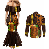 Hawaii Tiki Mask Cocktail Couples Matching Mermaid Dress and Long Sleeve Button Shirt Kakau Tattoo LT03 - Polynesian Pride