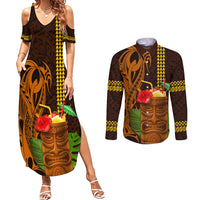 Hawaii Tiki Mask Cocktail Couples Matching Summer Maxi Dress and Long Sleeve Button Shirt Kakau Tattoo LT03 Brown - Polynesian Pride