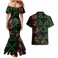 Hawaiian Green Kakau Art Tattoo-Ohia Lehua and Taro Leaves Couples Matching Mermaid Dress and Hawaiian Shirt