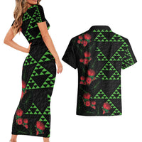 Hawaiian Green Kakau Art Tattoo-Ohia Lehua and Taro Leaves Couples Matching Short Sleeve Bodycon Dress and Hawaiian Shirt