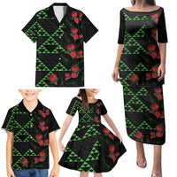 Hawaiian Green Kakau Art Tattoo-Ohia Lehua and Taro Leaves Family Matching Puletasi and Hawaiian Shirt