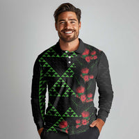Hawaiian Green Kakau Art Tattoo-Ohia Lehua and Taro Leaves Long Sleeve Polo Shirt LT03 - Polynesian Pride