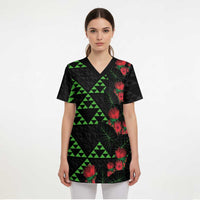 Hawaiian Green Kakau Art Tattoo-Ohia Lehua and Taro Leaves Scrub Top - Polynesian Pride