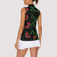 Hawaiian Green Kakau Art Tattoo-Ohia Lehua and Taro Leaves Women Sleeveless Polo Shirt LT03 - Polynesian Pride