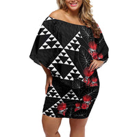 Hawaiian White Kakau Art Tattoo-Ohia Lehua and Taro Leaves Family Matching Off Shoulder Short Dress and Hawaiian Shirt