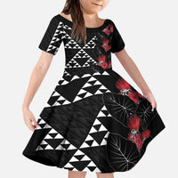 Hawaiian White Kakau Art Tattoo-Ohia Lehua and Taro Leaves Kid Short Sleeve Dress LT03 KID Black-White - Polynesian Pride