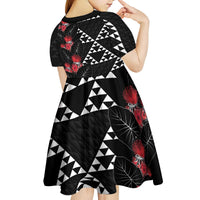 Hawaiian White Kakau Art Tattoo-Ohia Lehua and Taro Leaves Kid Short Sleeve Dress LT03 - Polynesian Pride