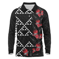 Hawaiian White Kakau Art Tattoo-Ohia Lehua and Taro Leaves Long Sleeve Polo Shirt LT03 Black-White - Polynesian Pride