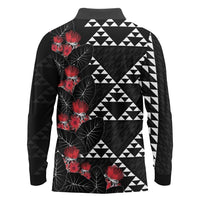 Hawaiian White Kakau Art Tattoo-Ohia Lehua and Taro Leaves Long Sleeve Polo Shirt LT03 - Polynesian Pride