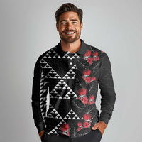 Hawaiian White Kakau Art Tattoo-Ohia Lehua and Taro Leaves Long Sleeve Polo Shirt LT03 - Polynesian Pride