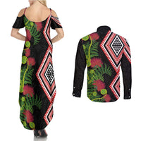 Aotearoa Tukutuku Motif Couples Matching Summer Maxi Dress and Long Sleeve Button Shirt Pohutukawa and Fern Leaves LT03 - Polynesian Pride