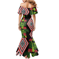 Aotearoa Tukutuku Motif Family Matching Mermaid Dress and Hawaiian Shirt Pohutukawa and Fern Leaves