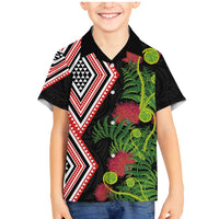 Aotearoa Tukutuku Motif Family Matching Mermaid Dress and Hawaiian Shirt Pohutukawa and Fern Leaves