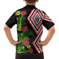 Aotearoa Tukutuku Motif Family Matching Off The Shoulder Long Sleeve Dress and Hawaiian Shirt Pohutukawa and Fern Leaves