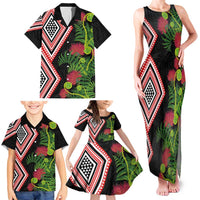 Aotearoa Tukutuku Motif Family Matching Tank Maxi Dress and Hawaiian Shirt Pohutukawa and Fern Leaves