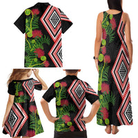 Aotearoa Tukutuku Motif Family Matching Tank Maxi Dress and Hawaiian Shirt Pohutukawa and Fern Leaves