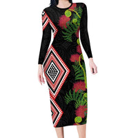 Aotearoa Tukutuku Motif Long Sleeve Bodycon Dress Pohutukawa and Fern Leaves