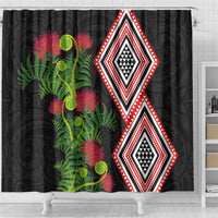 Aotearoa Tukutuku Motif Shower Curtain Pohutukawa and Fern Leaves